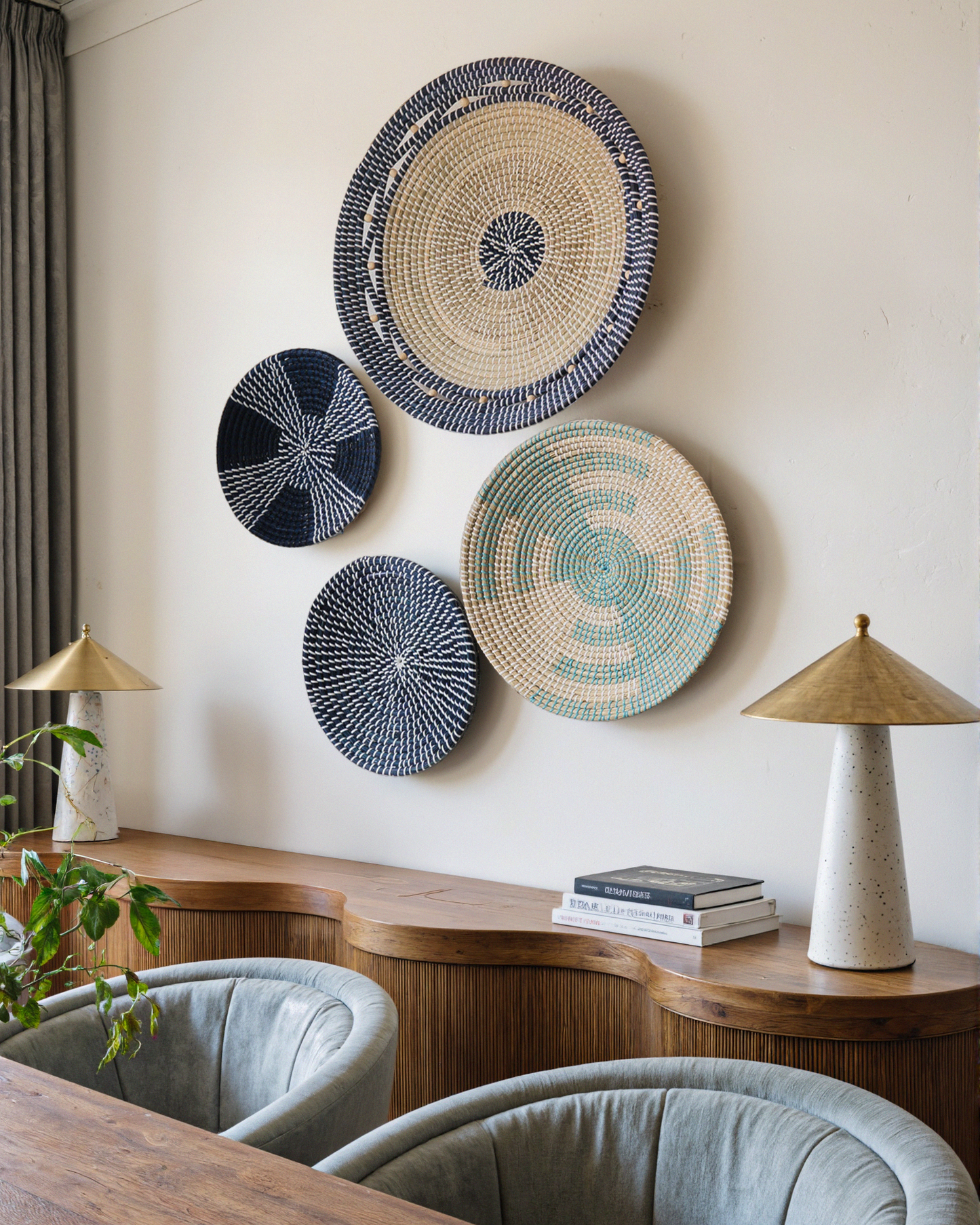 Set of 4 Blue and Natural Seagrass Wall Decor - Concentric, Boho Style