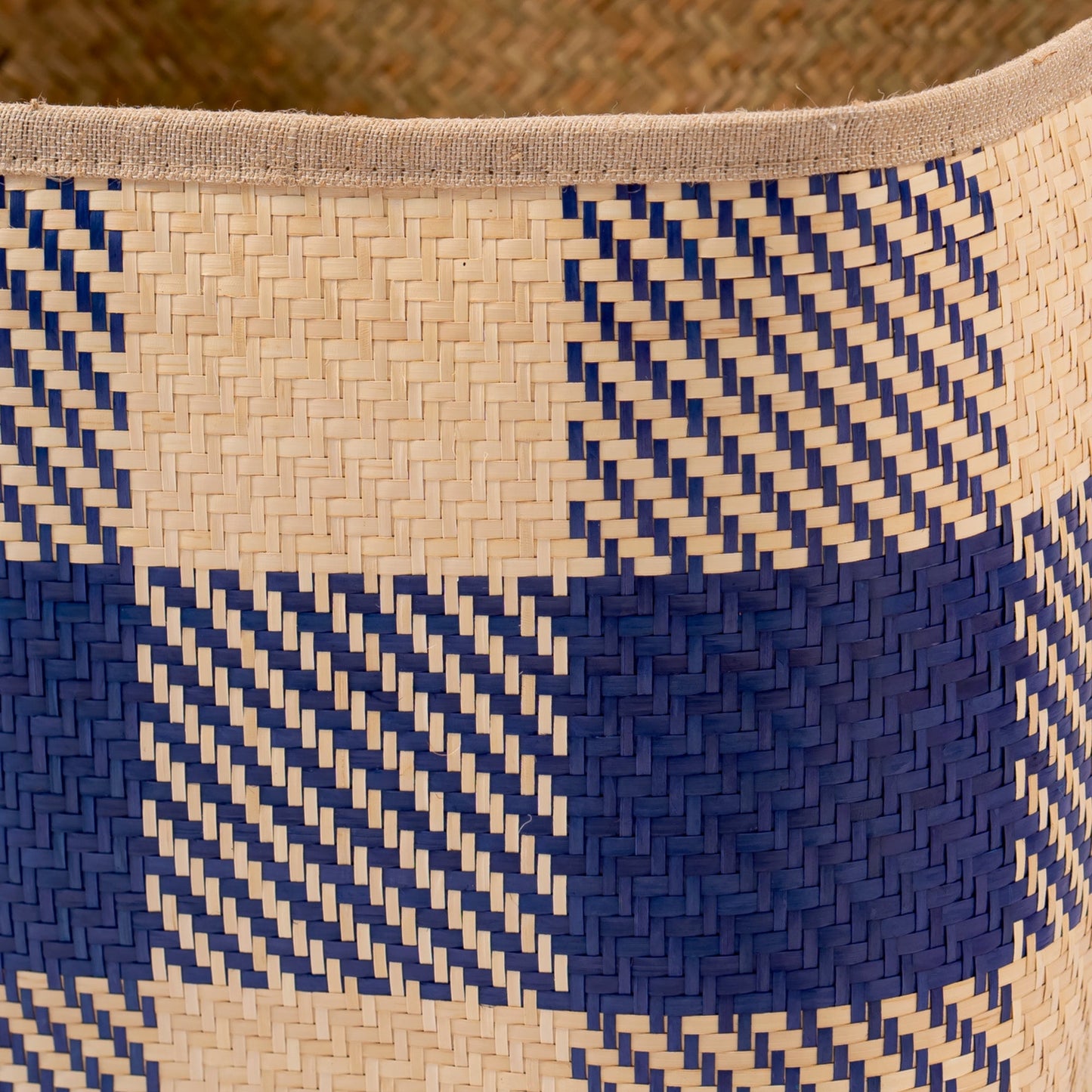 Blue-Checkered Square Seagrass Wicker Basket