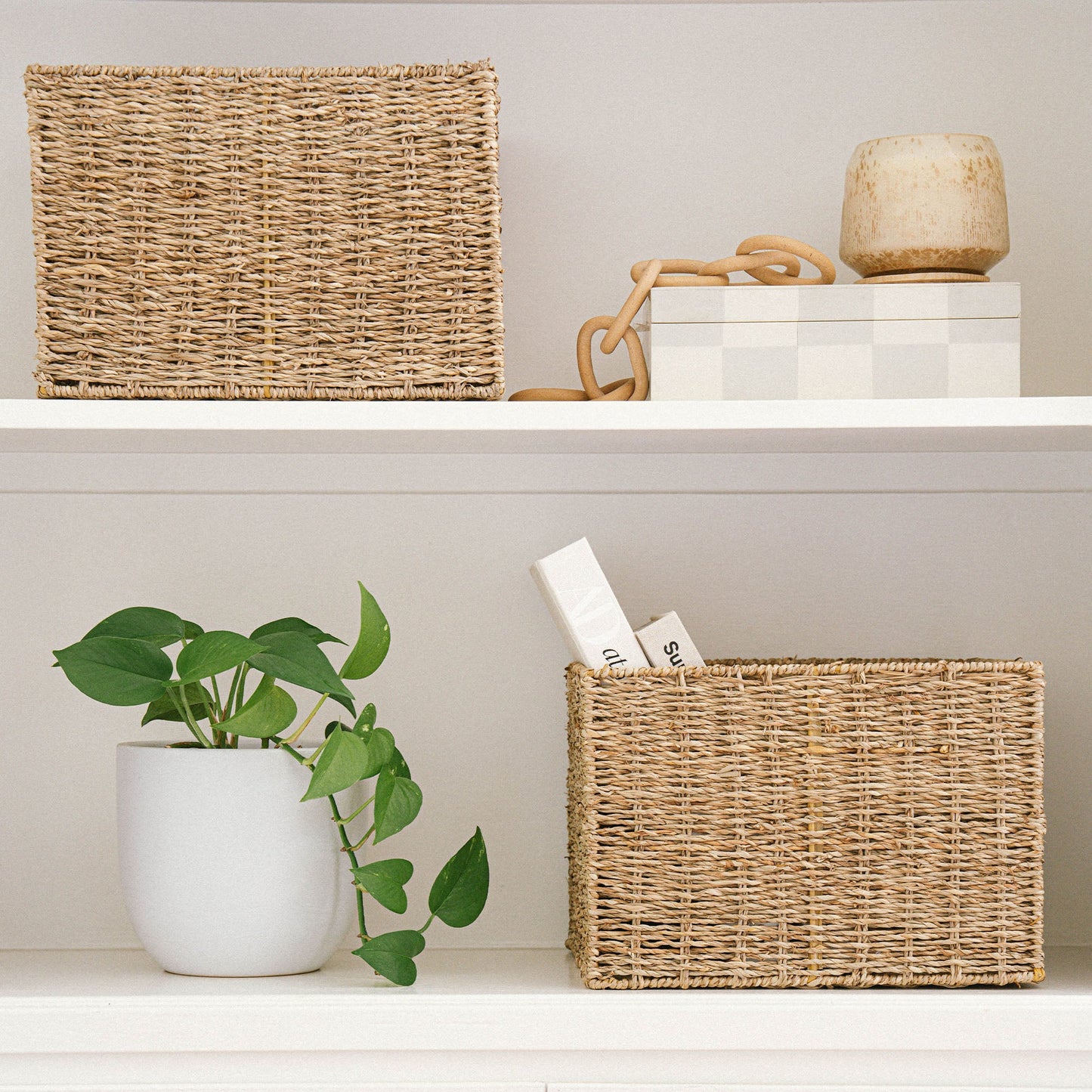 Cube Seagrass Handwoven Storage Baskets with Handles, Set of 3
