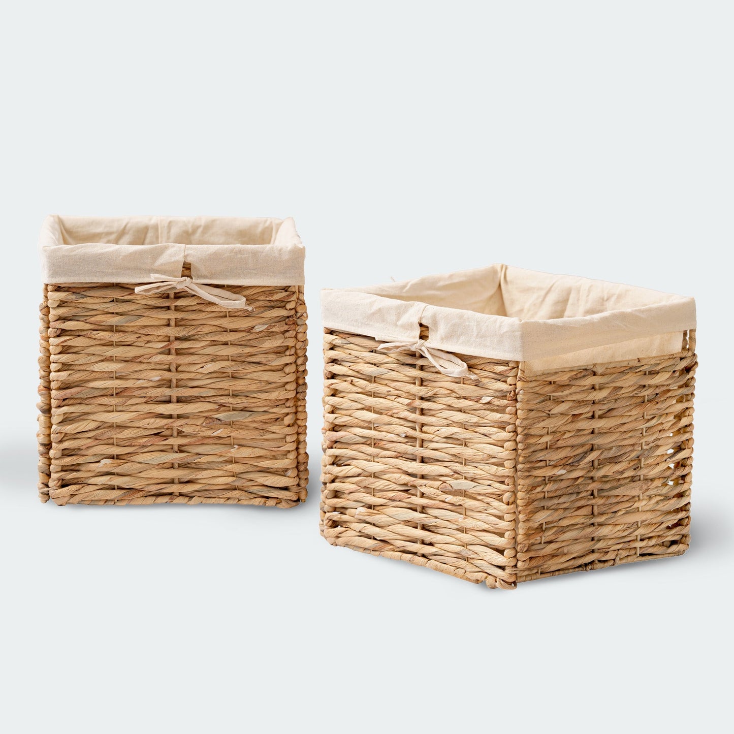 Foldable Cube Water Hyacinth Basket with Linen, Set of 2