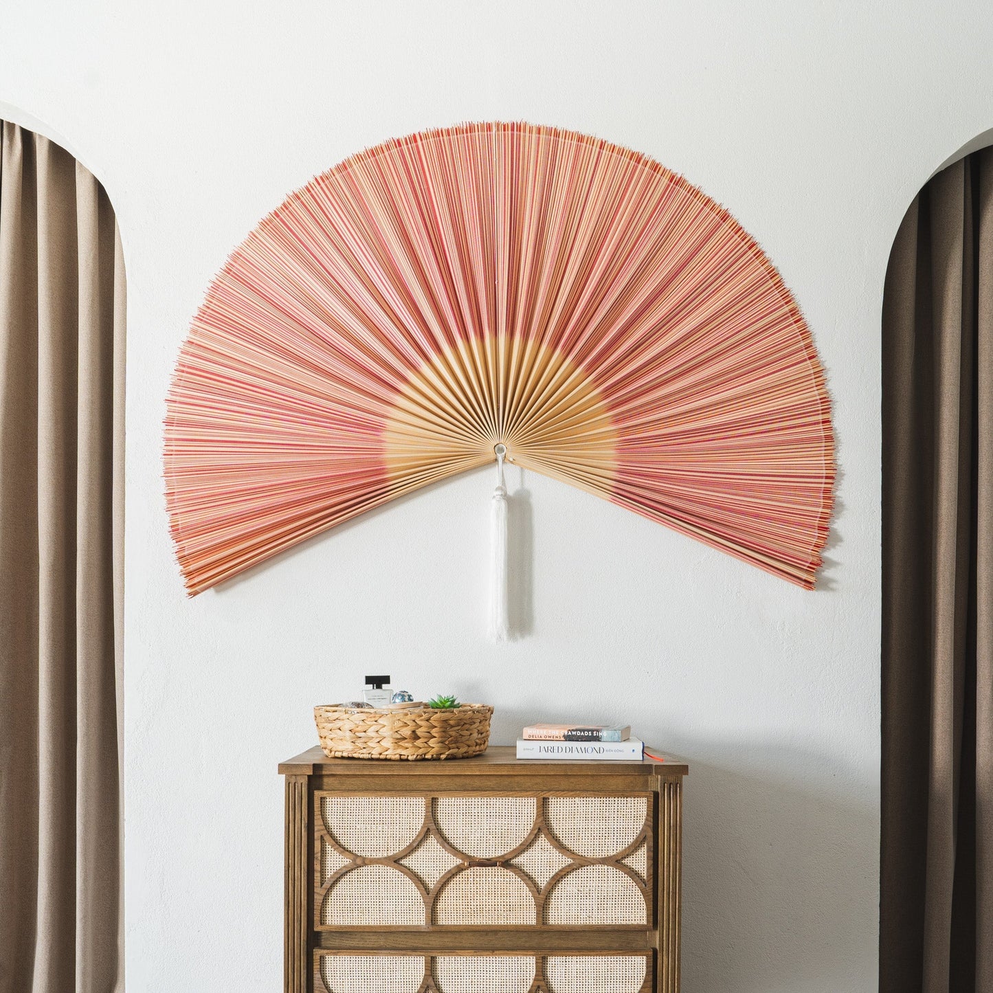 Red and Brown Bamboo Folding Fan Wall Decor