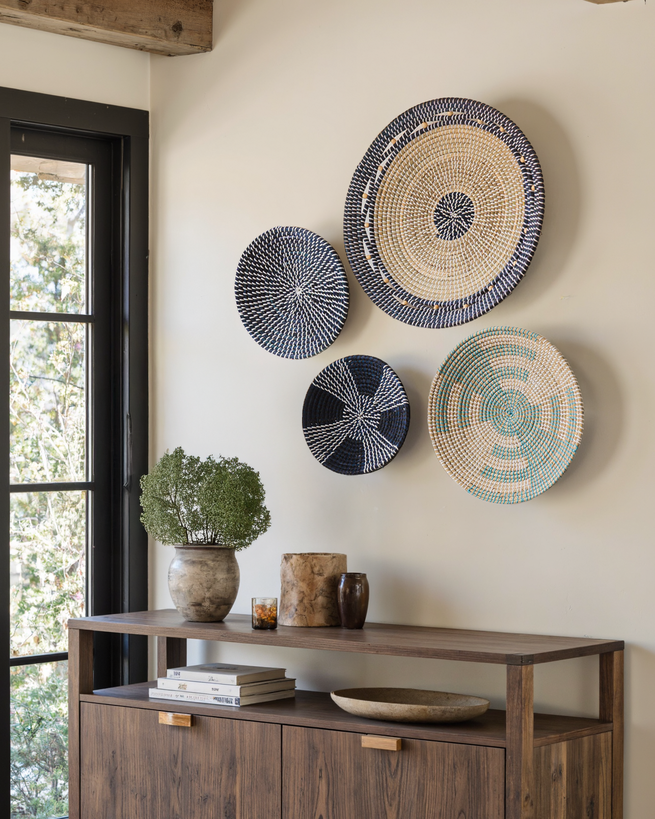 Set of 4 Blue and Natural Seagrass Wall Decor - Concentric, Boho Style