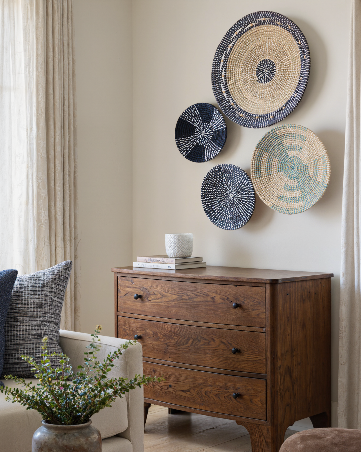 Set of 4 Blue and Natural Seagrass Wall Decor - Concentric, Boho Style