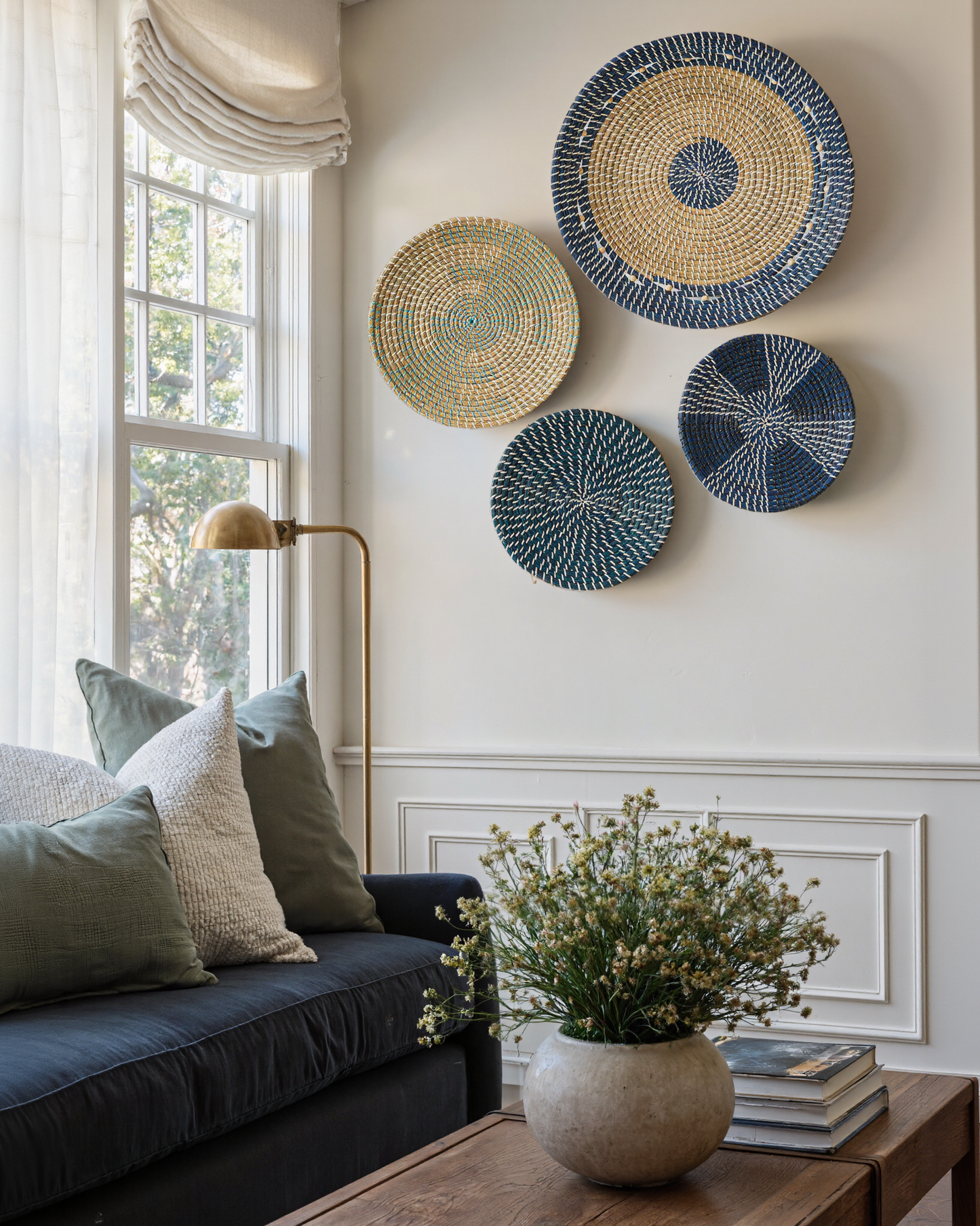 Set of 4 Blue and Natural Seagrass Wall Decor - Concentric, Boho Style