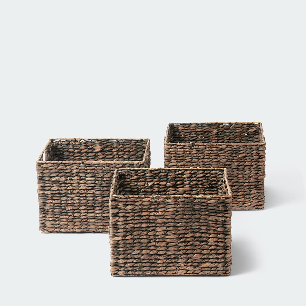 Dark Brown Cube Water Hyacinth Basket, Set of 3