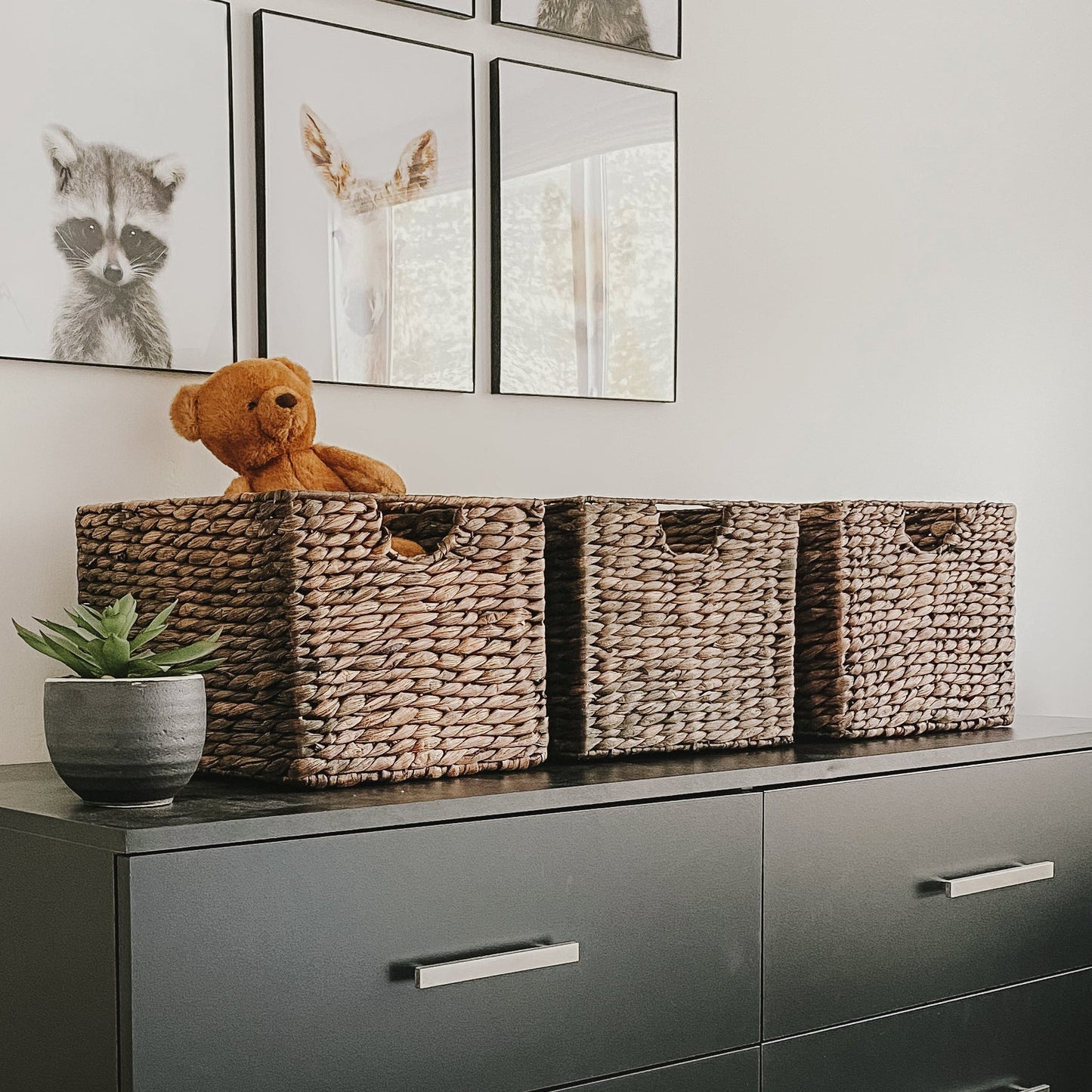 Dark Brown Cube Water Hyacinth Basket, Set of 3
