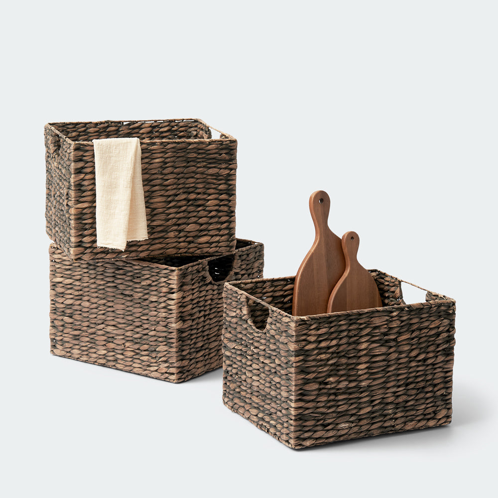 Dark Brown Cube Water Hyacinth Basket, Set of 3