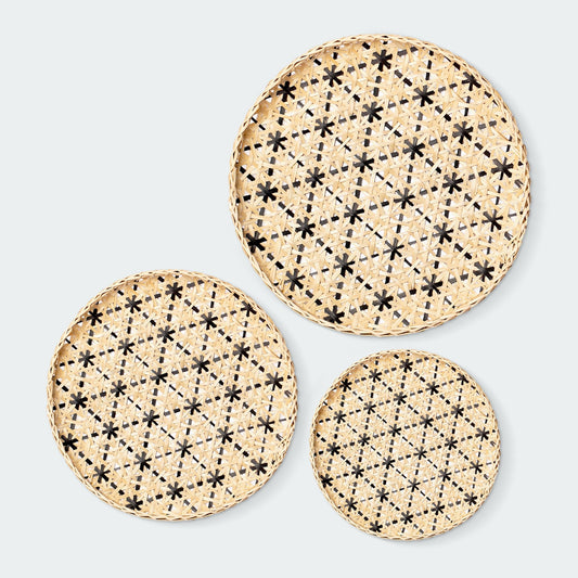 Circular Black Neutral Bamboo Wall Baskets Decor Set of 3