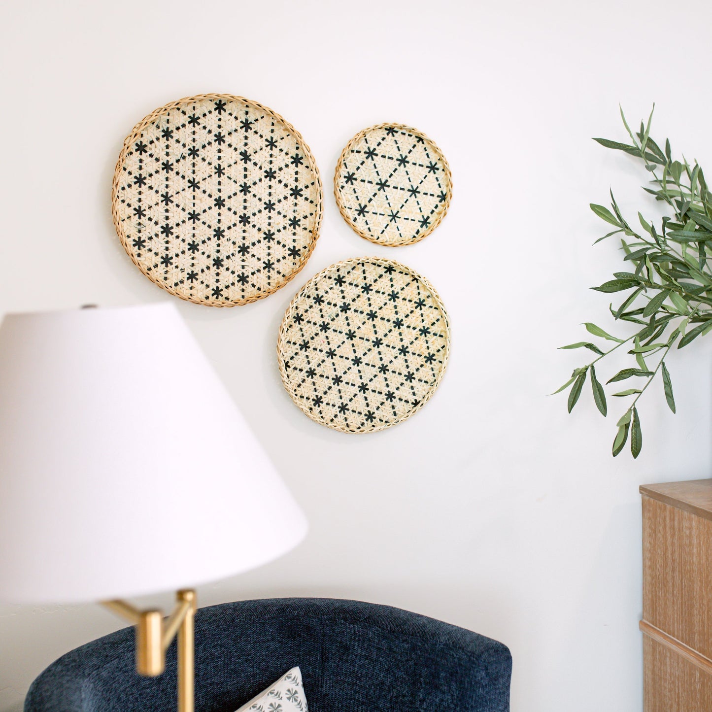 Circular Black Neutral Bamboo Wall Baskets Decor Set of 3