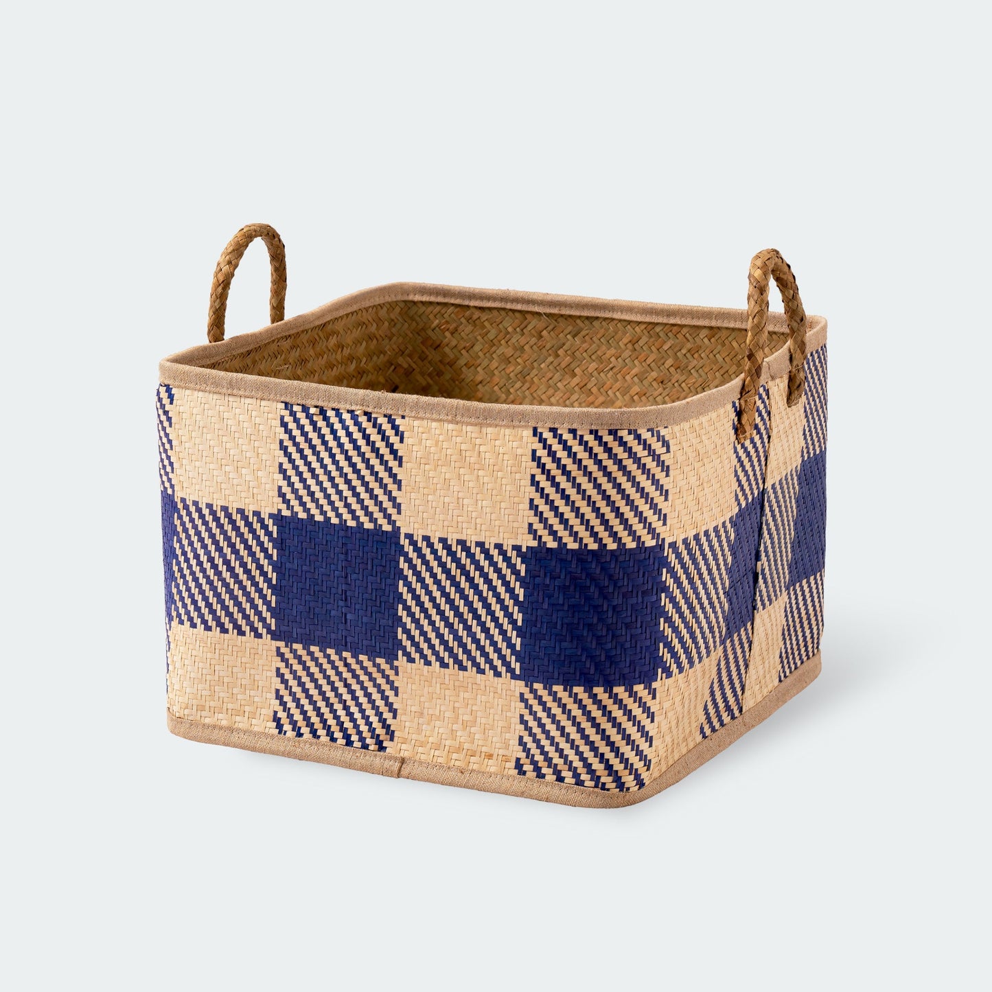 Blue-Checkered Square Seagrass Wicker Basket