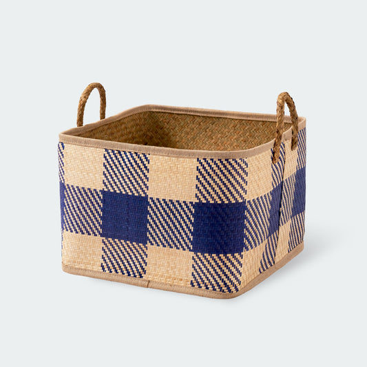 Blue-Checkered Square Seagrass Wicker Basket