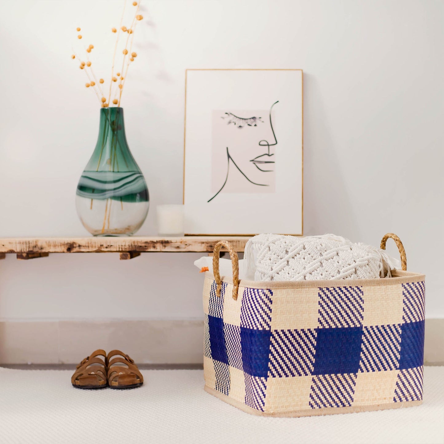 Blue-Checkered Square Seagrass Wicker Basket