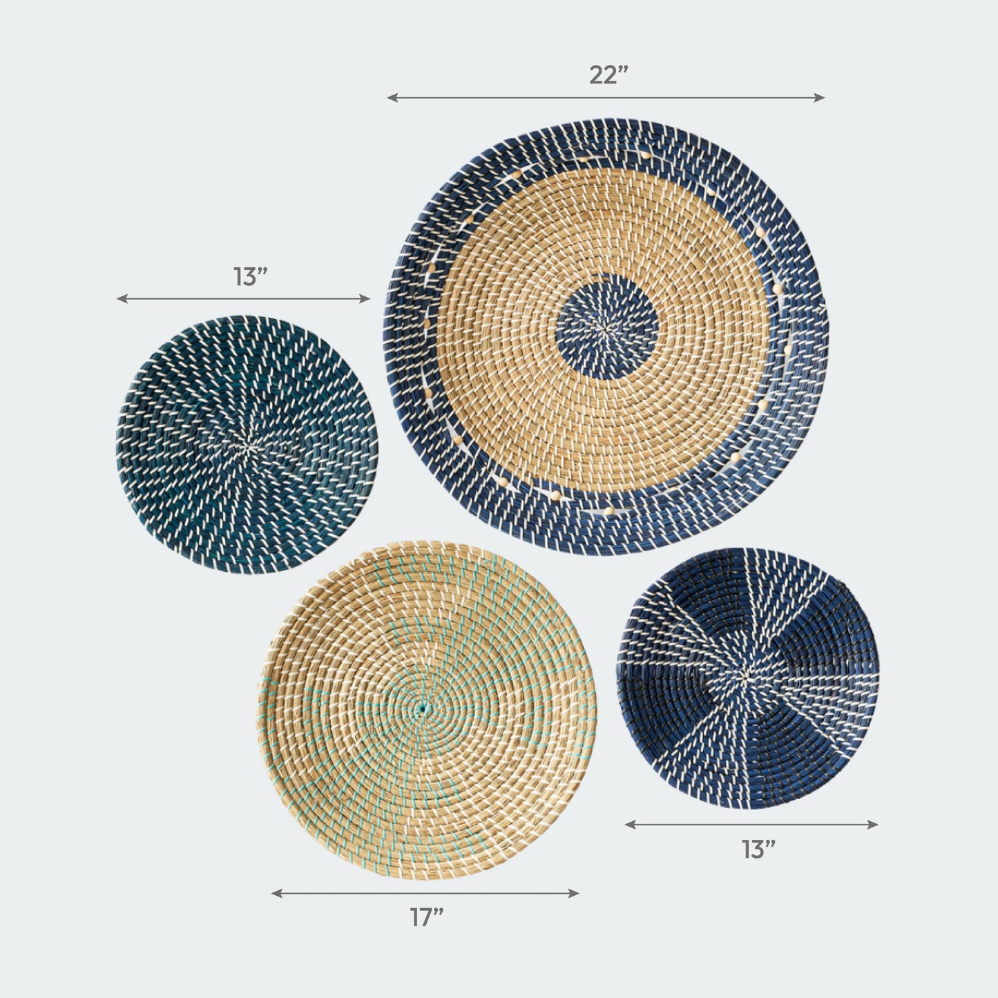 Set of 4 Blue and Natural Seagrass Wall Decor - Concentric, Boho Style