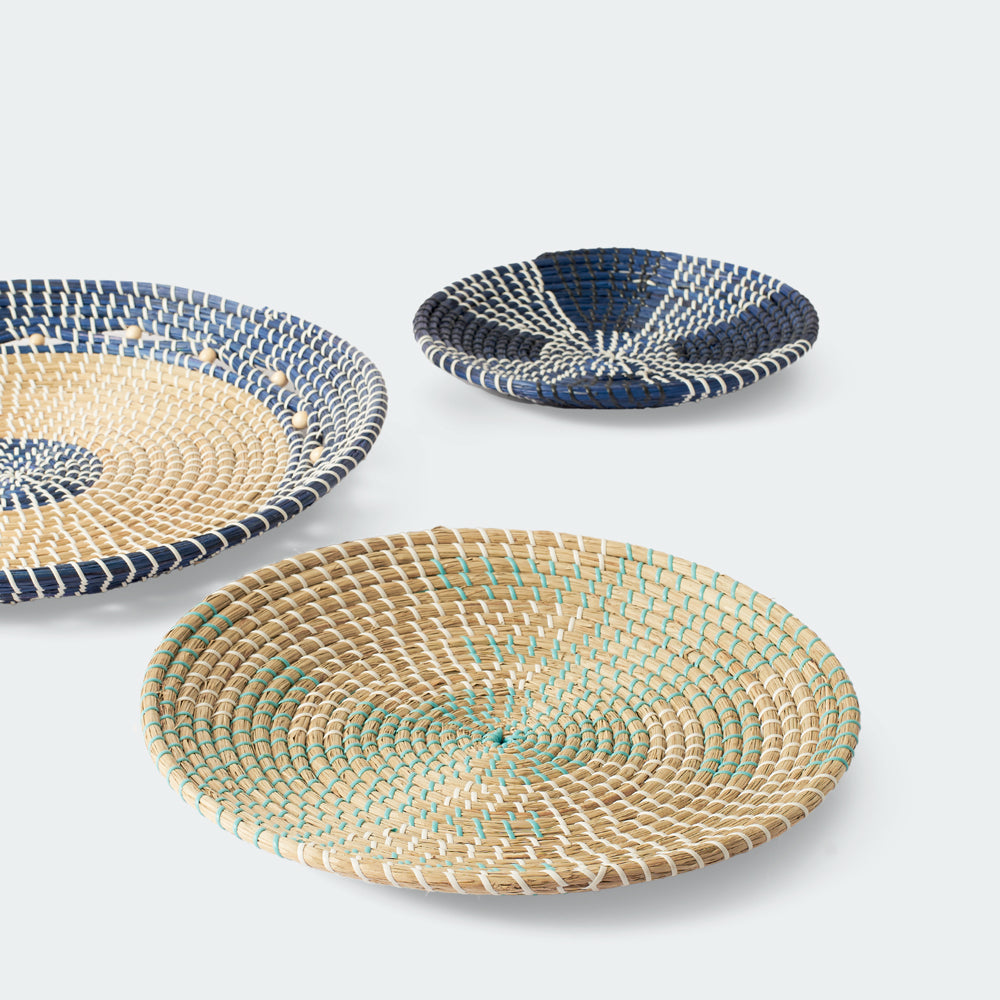 Set of 4 Blue and Natural Seagrass Wall Decor - Concentric, Boho Style