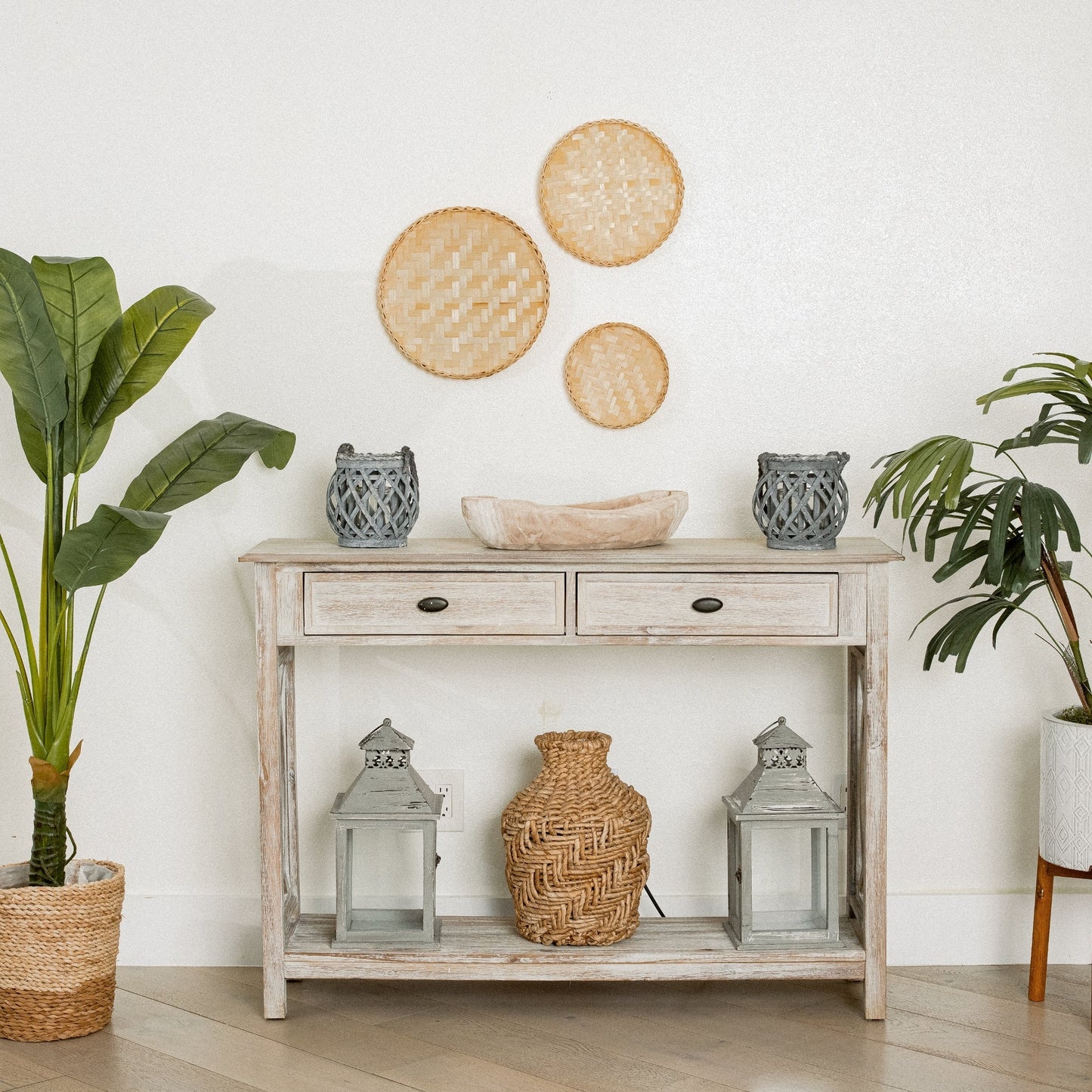Circular Black Neutral Bamboo Wall Baskets Decor Set of 3