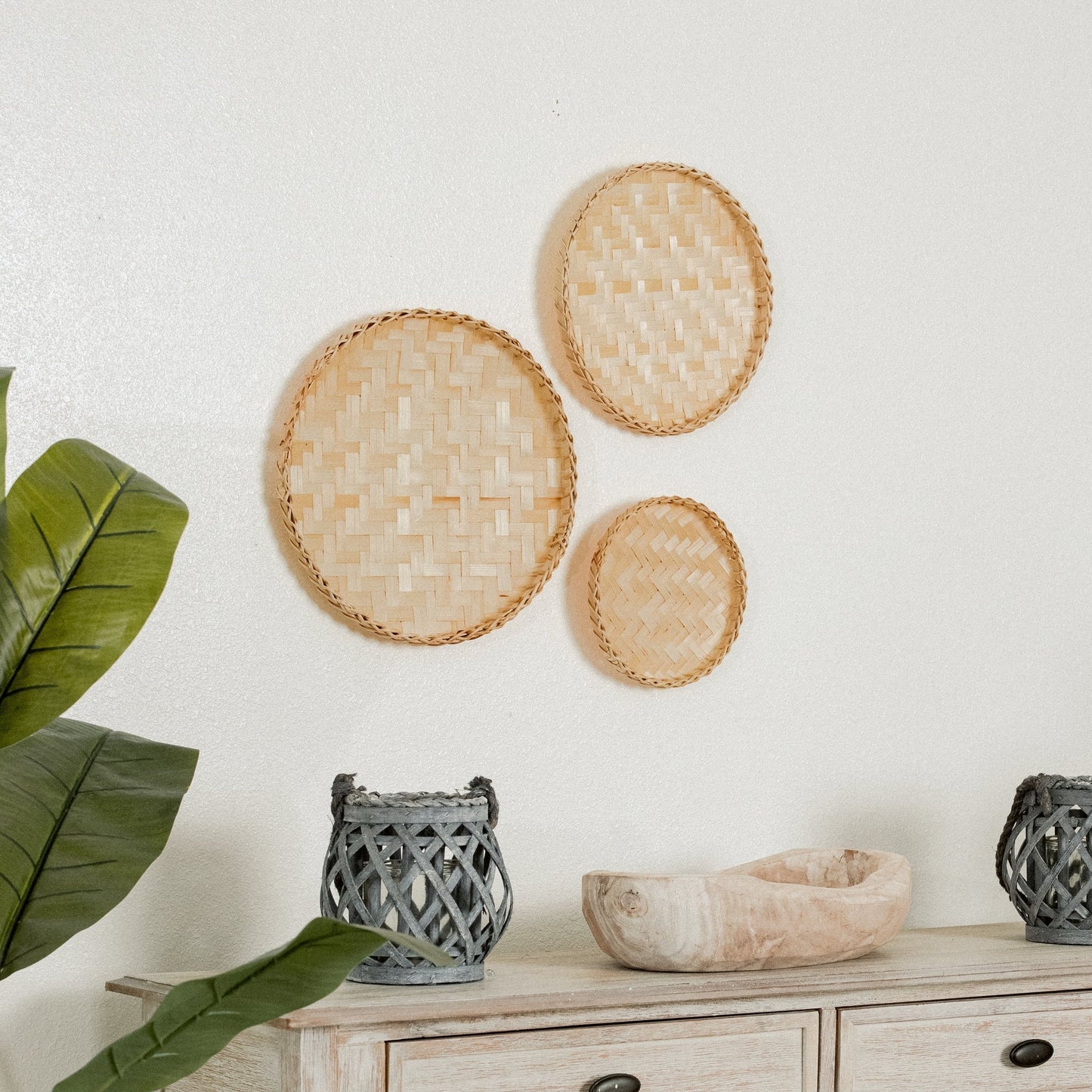 Circular Black Neutral Bamboo Wall Baskets Decor Set of 3