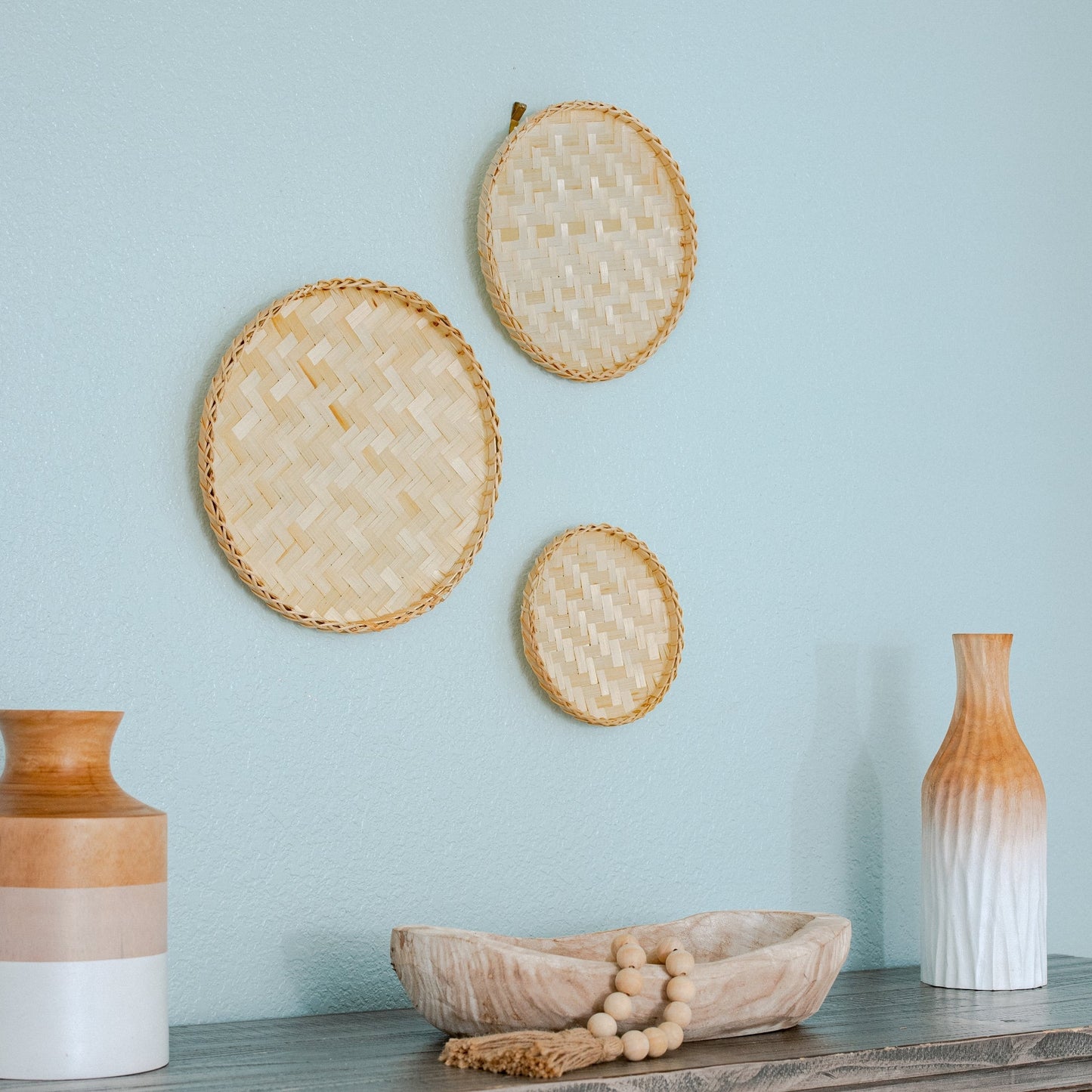 Circular Black Neutral Bamboo Wall Baskets Decor Set of 3