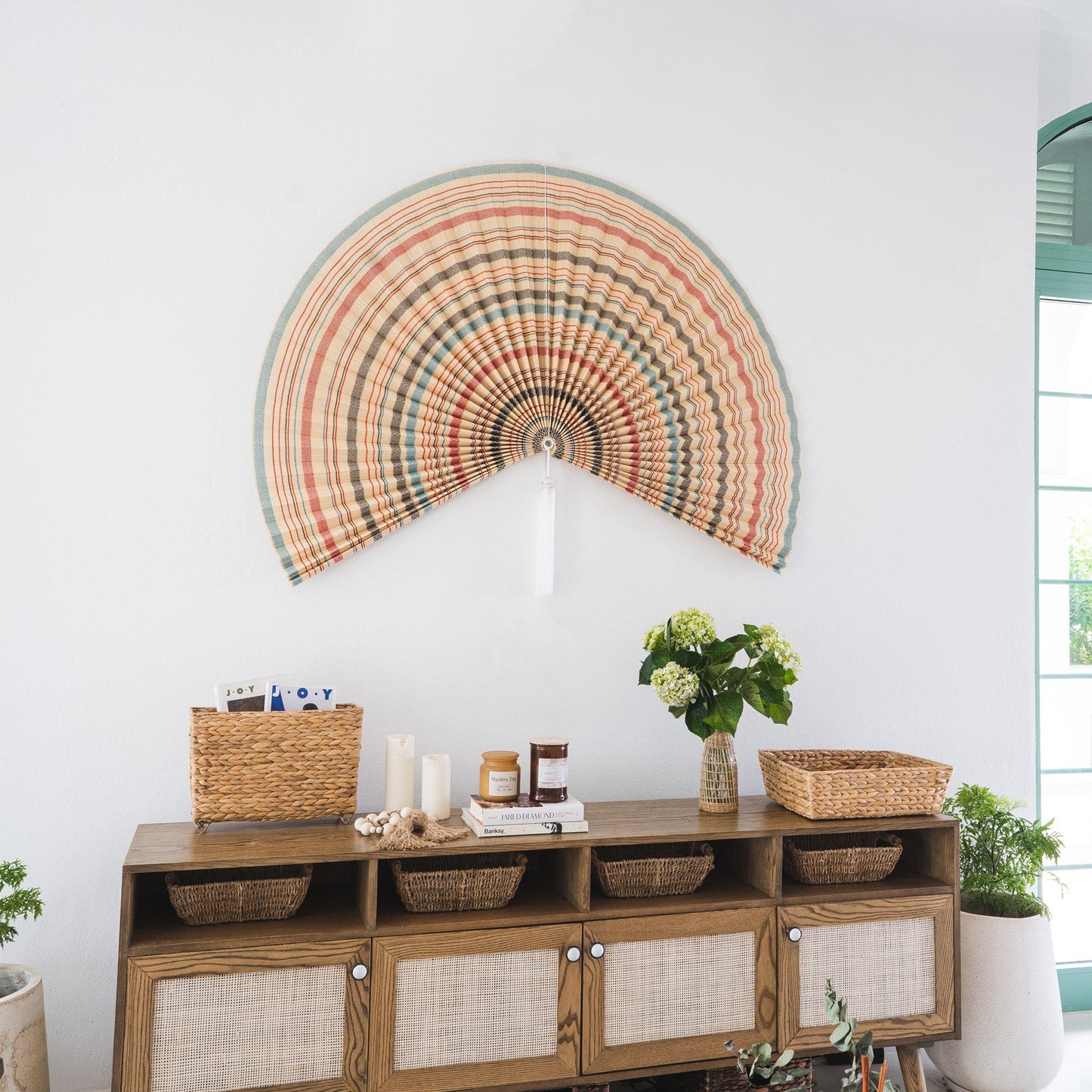 Vintage Stripe Bamboo Folding Fan Wall Decor
