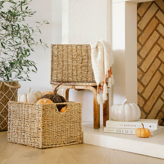 Cube Seagrass Handwoven Storage Baskets with Handles, Set of 3