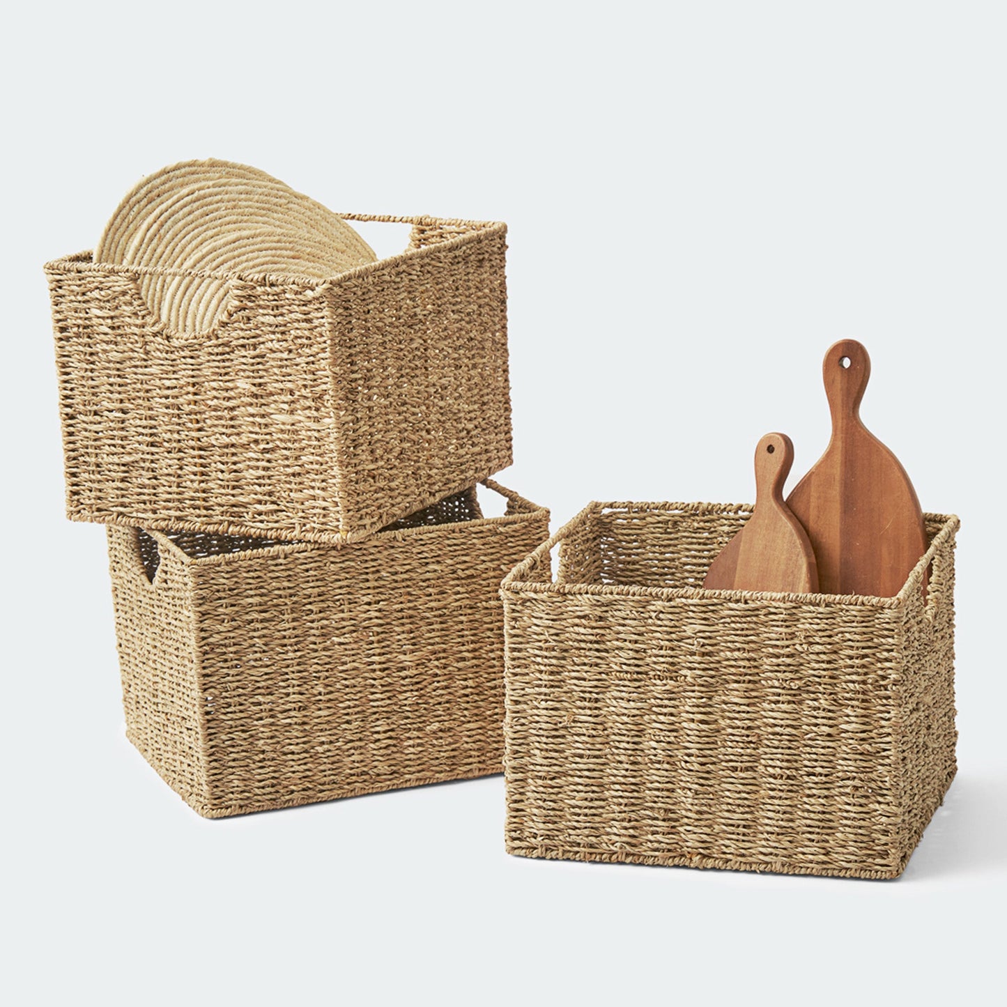 Cube Seagrass Handwoven Storage Baskets with Handles, Set of 3
