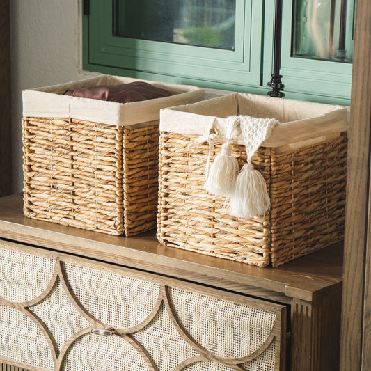 Foldable Cube Water Hyacinth Basket with Linen, Set of 2