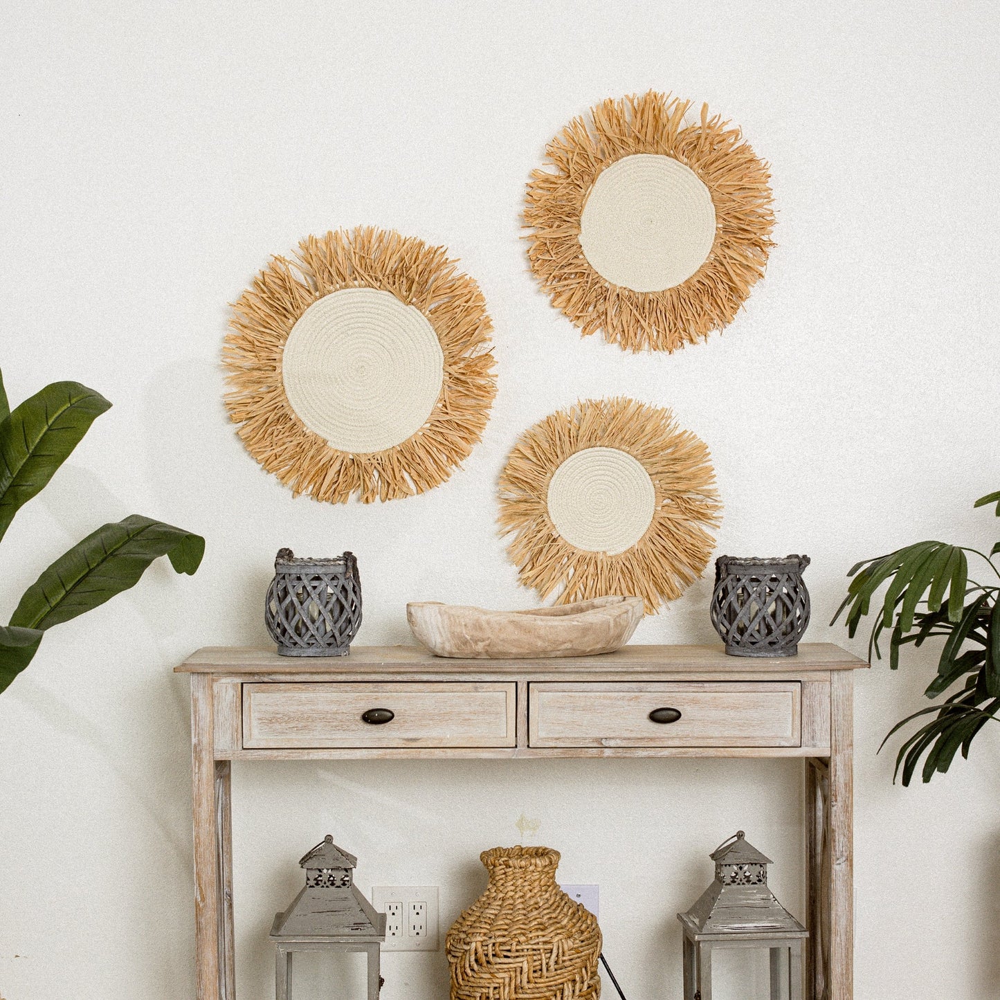 Fringe Raffia Wall Basket Decor Set of 3