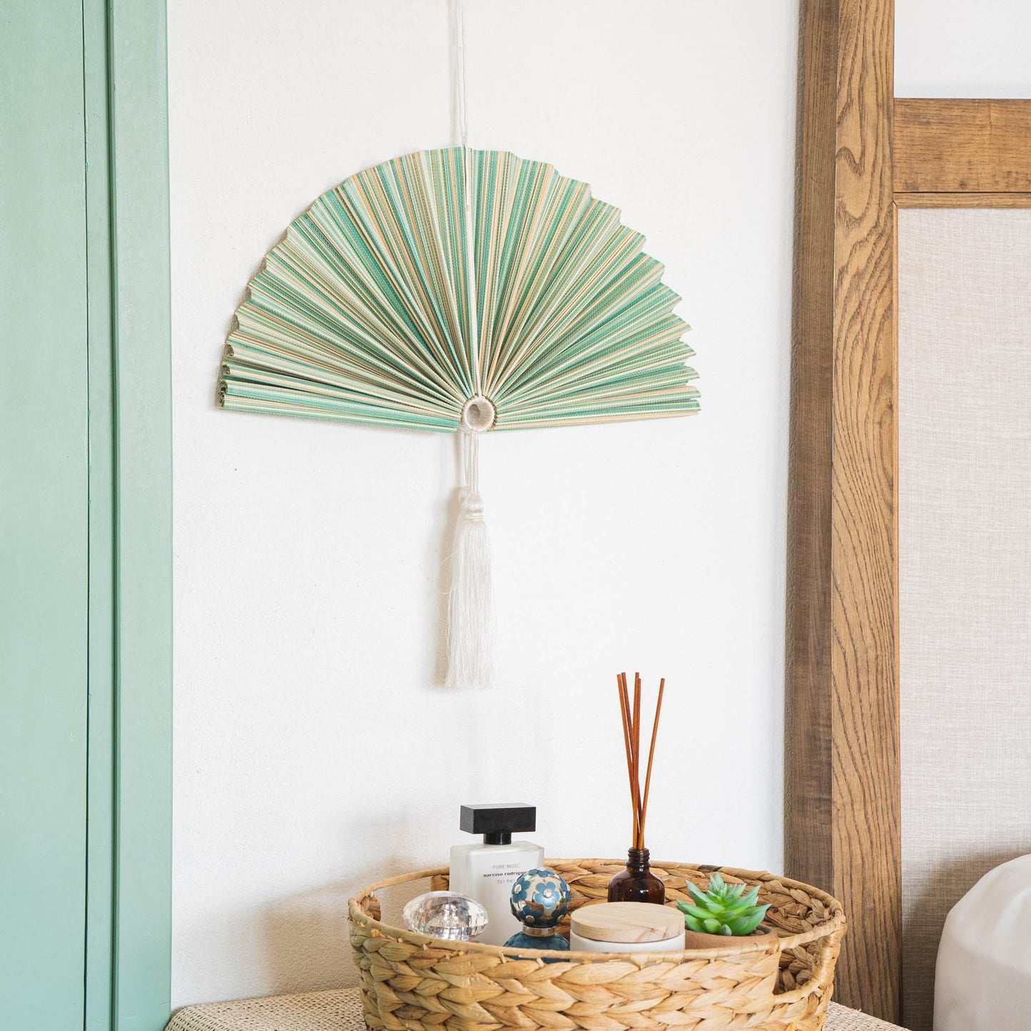 Green and Brown Bamboo Folding Fan Wall Decor