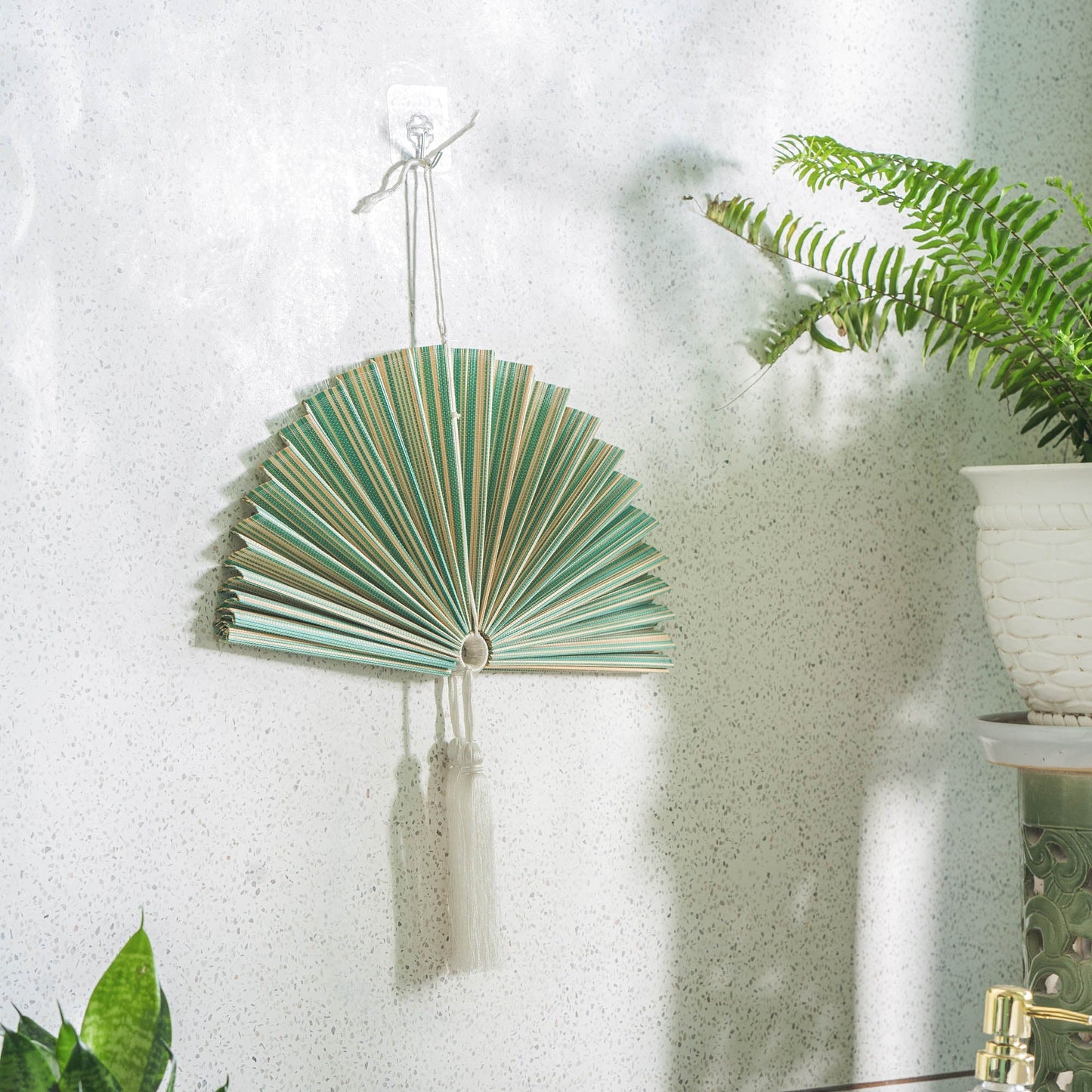 Green and Brown Bamboo Folding Fan Wall Decor