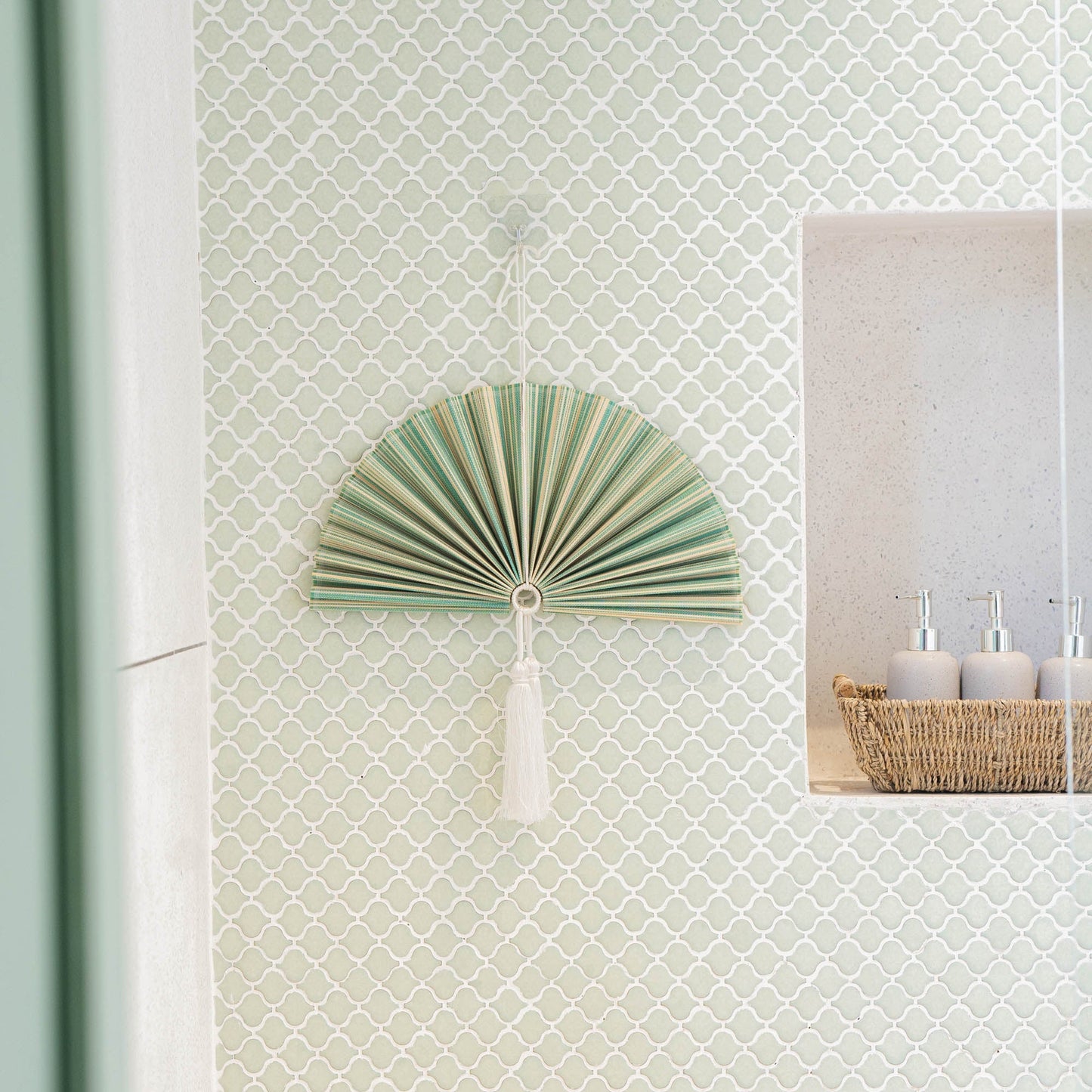Green and Brown Bamboo Folding Fan Wall Decor
