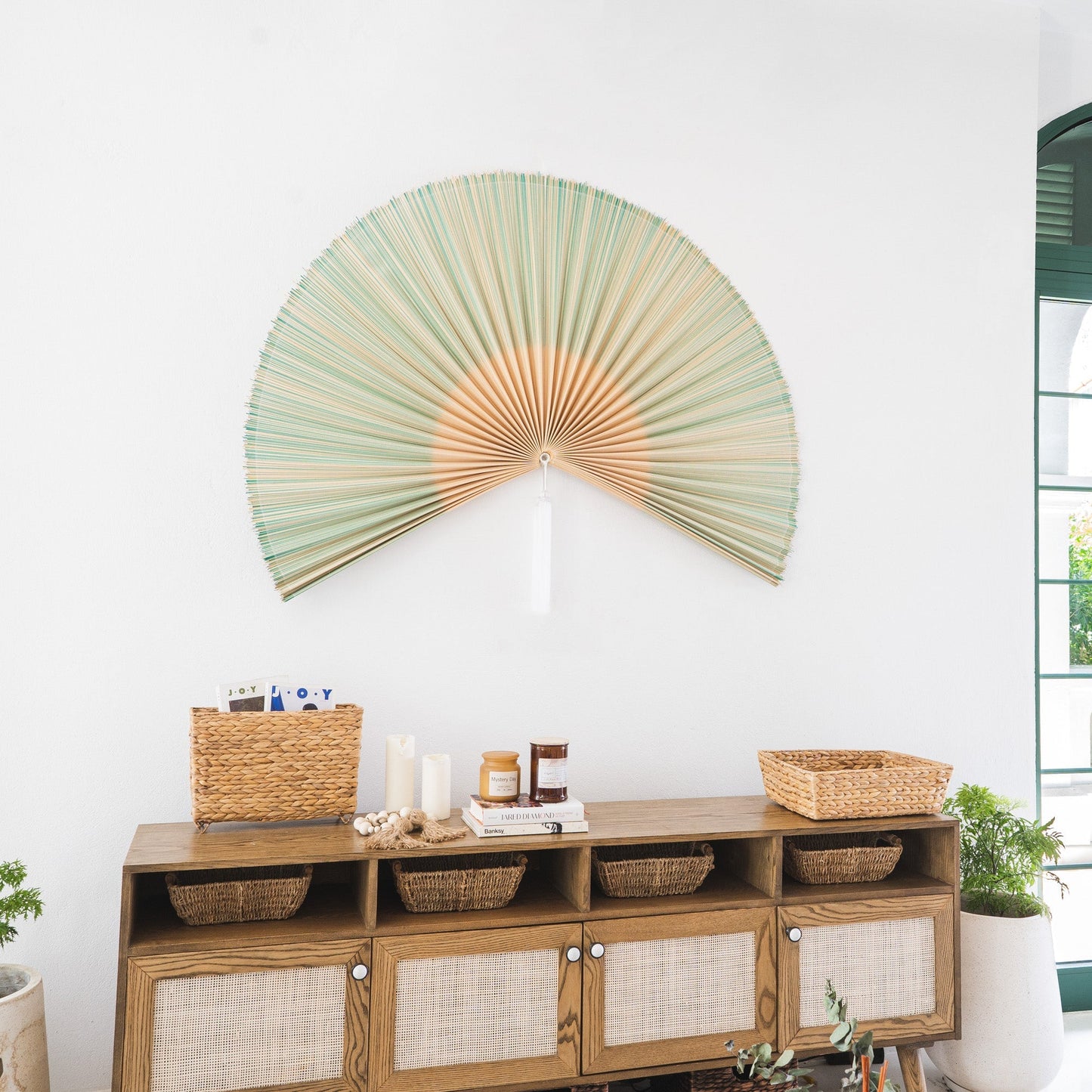 Green and Brown Bamboo Folding Fan Wall Decor