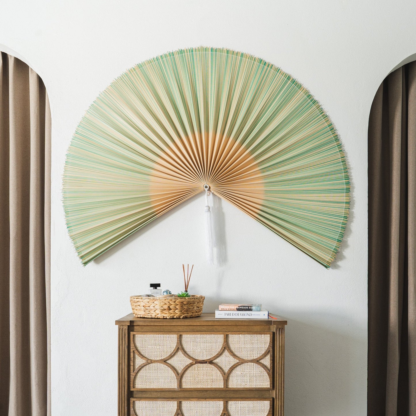 Green and Brown Bamboo Folding Fan Wall Decor
