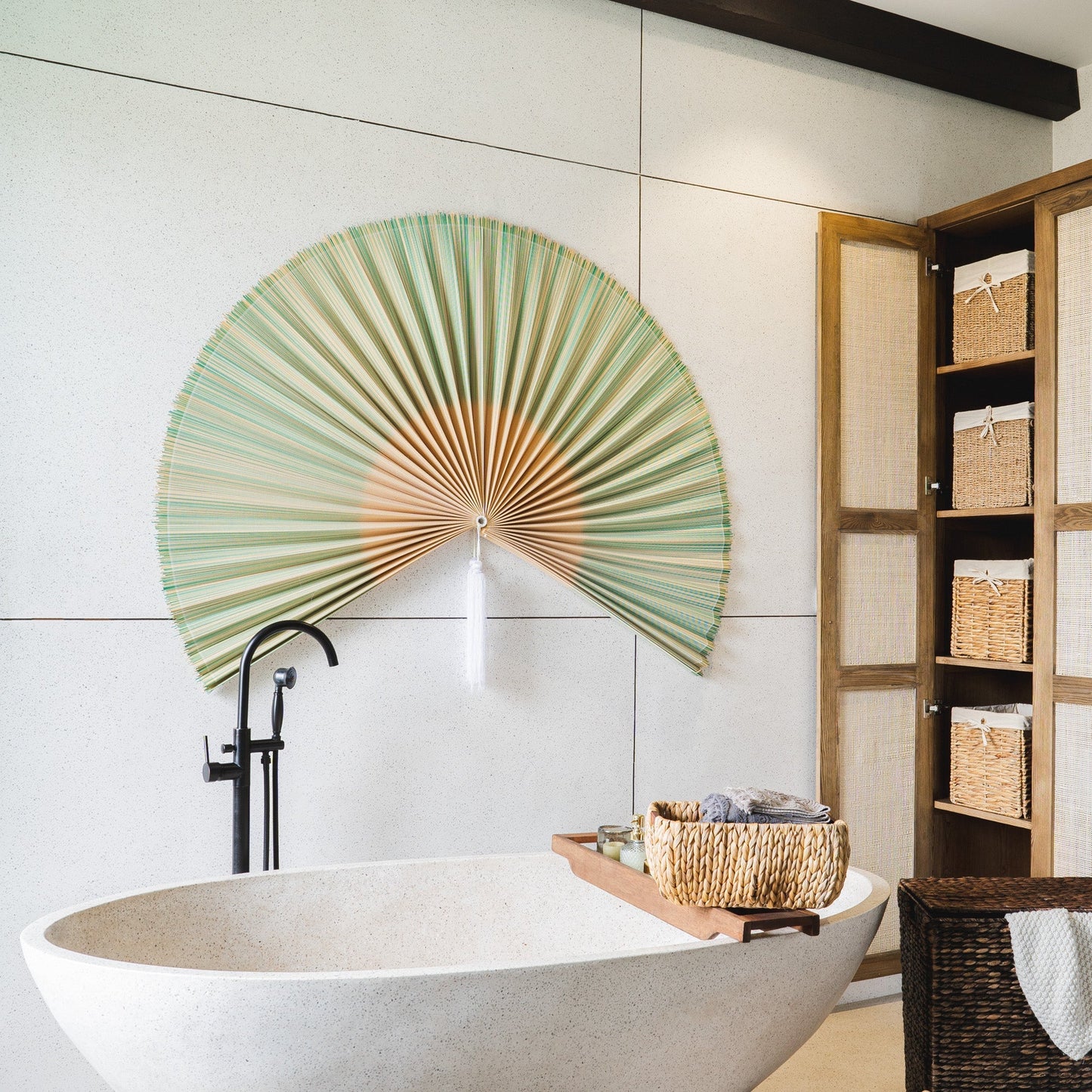Green and Brown Bamboo Folding Fan Wall Decor
