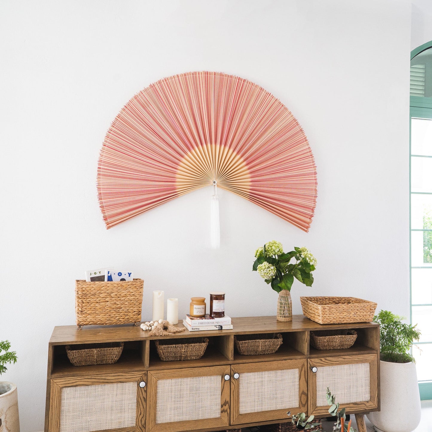 Red and Brown Bamboo Folding Fan Wall Decor