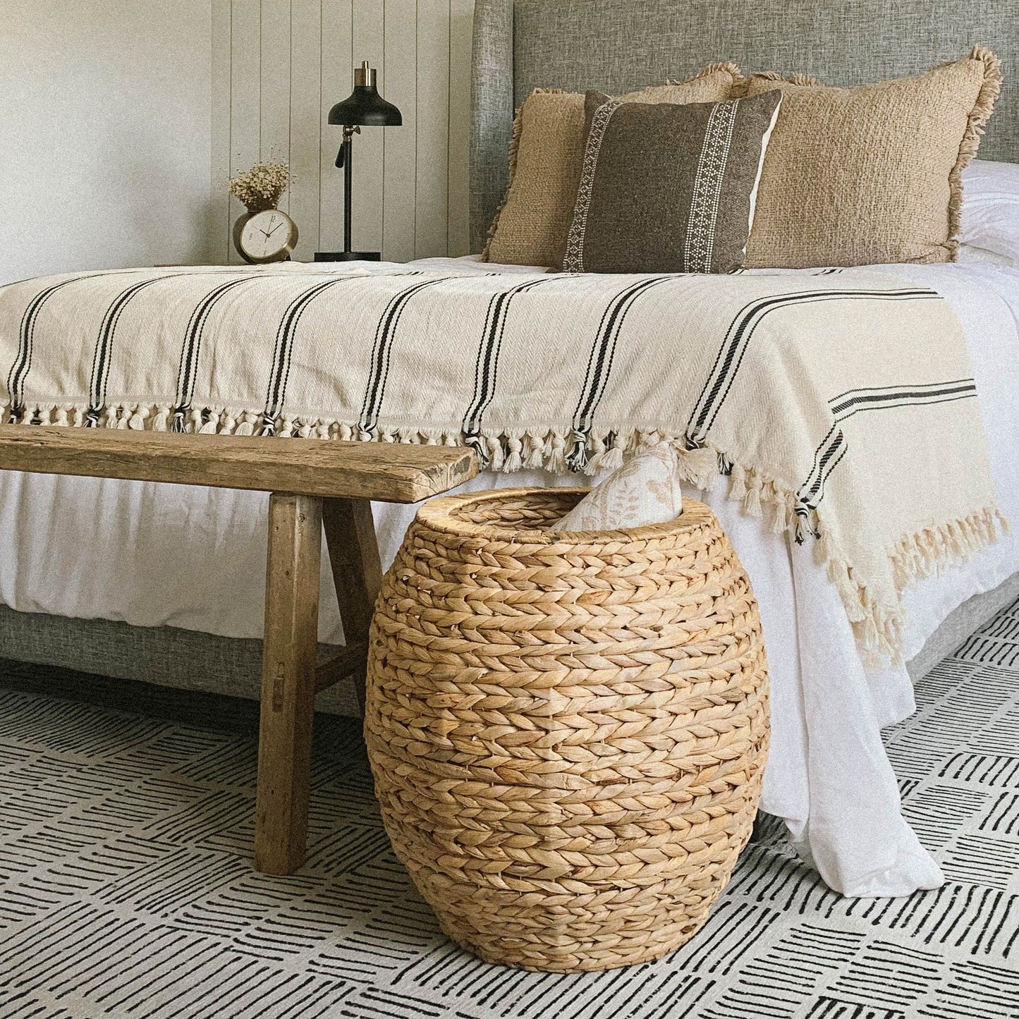 Large Woven Storage Basket with Lid, Stylish Ottoman